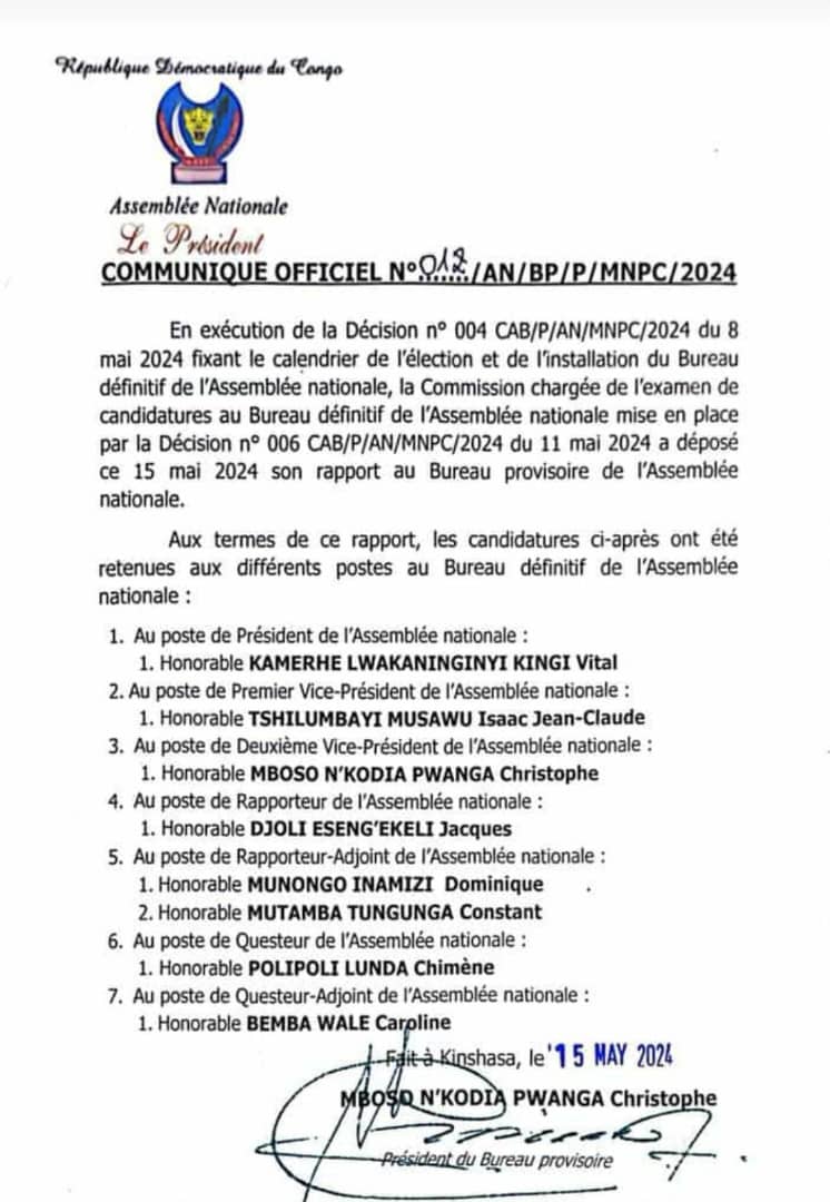 RDC :la commission chargée de traitement des candidatures à l’AN vient de déposer son rapport au bureau d’âge