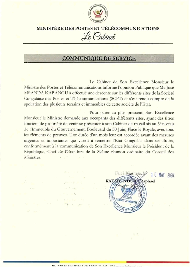 RDC : un délai d’un mois accordé aux occupants des sites de la SCPT pour présenter leurs titres fonciers