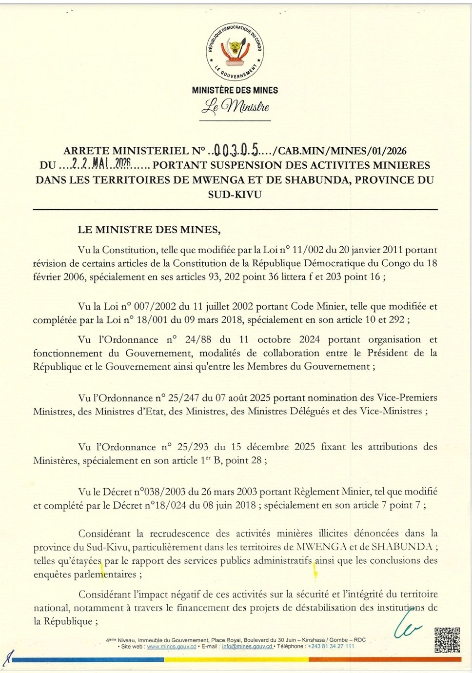 RDC : Louis Watum suspend pour trois mois les activités minières à Mwenga et Shabunda