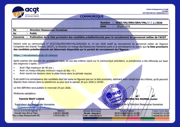 ACGT : publication de la liste provisoire des candidats présélectionnés pour le recrutement du personnel métier