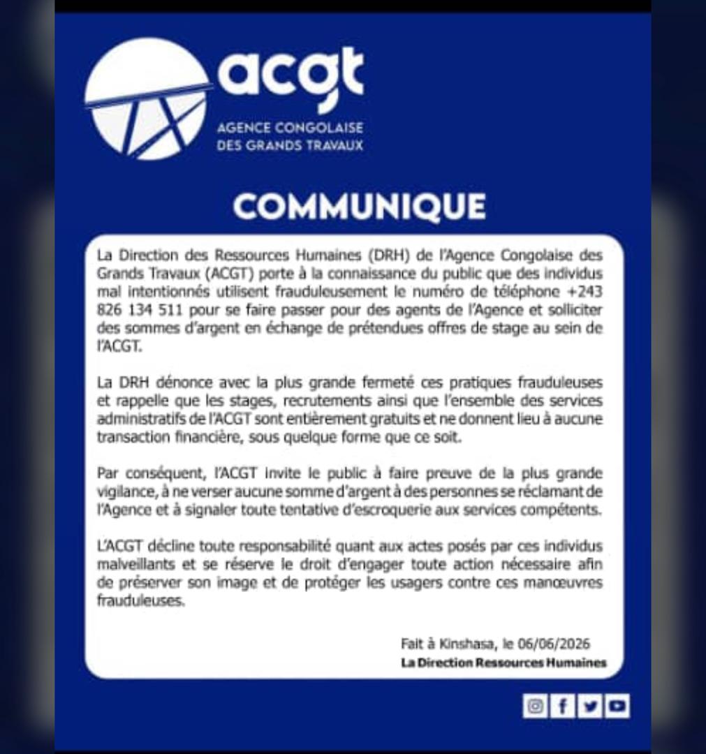 RDC : l’ACGT n’exige aucun paiement pour obtenir un stage ( Communiqué)